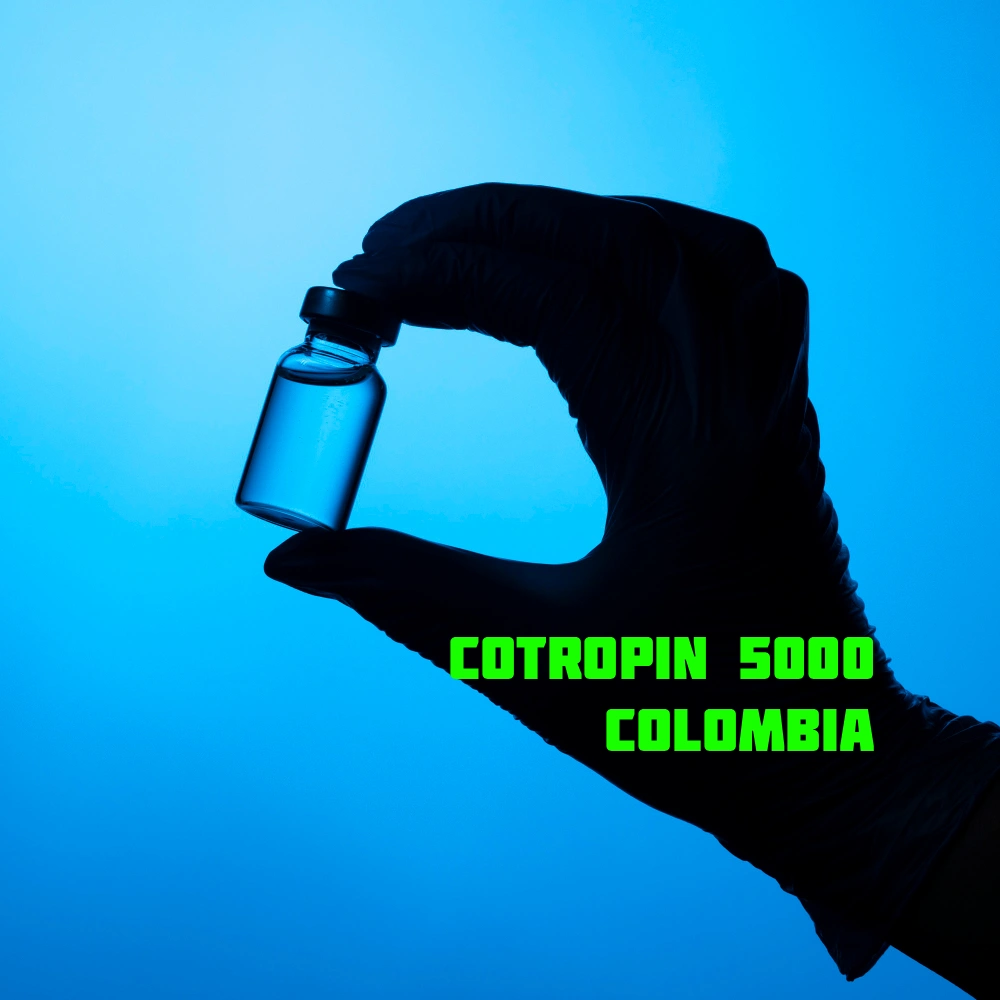 Ampolla de Cotropin 5000 Colombia UI HCG gonadotropina sobre superficie oscura con jeringa, TPC esteroides